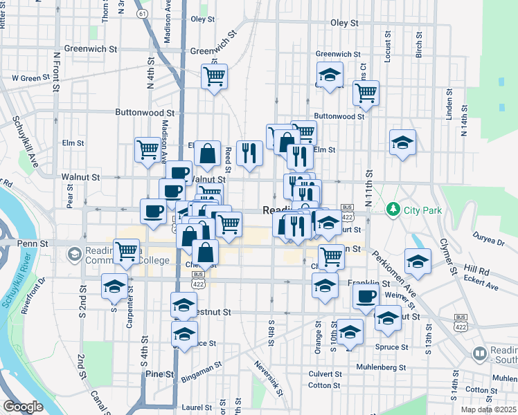 map of restaurants, bars, coffee shops, grocery stores, and more near 54 North 8th Street in Reading