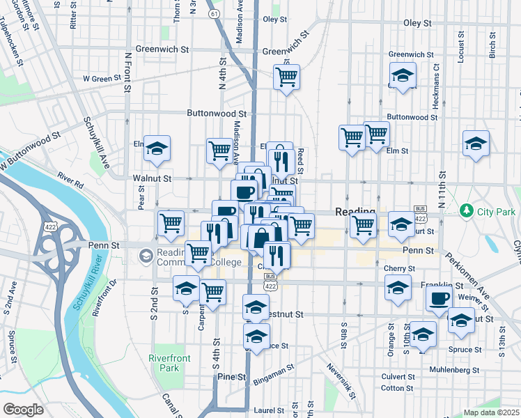 map of restaurants, bars, coffee shops, grocery stores, and more near 529 Court Street in Reading
