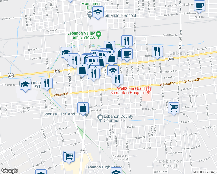 map of restaurants, bars, coffee shops, grocery stores, and more near 634 Walnut Street in Lebanon