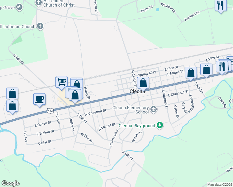 map of restaurants, bars, coffee shops, grocery stores, and more near 200 West Penn Avenue in Cleona