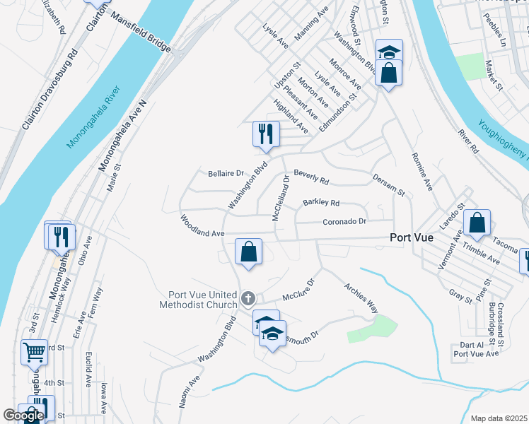 map of restaurants, bars, coffee shops, grocery stores, and more near 1310 McClelland Drive in McKeesport