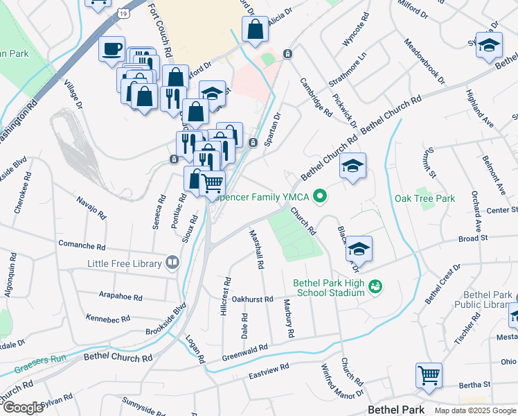 map of restaurants, bars, coffee shops, grocery stores, and more near 2999 Bethel Church Road in Bethel Park