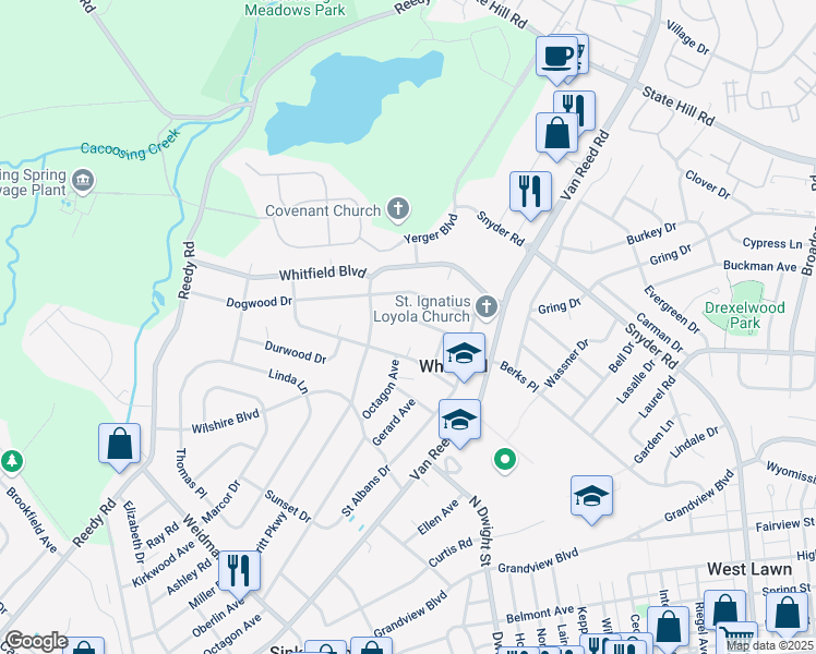 map of restaurants, bars, coffee shops, grocery stores, and more near 1201 Independence Drive in West Lawn