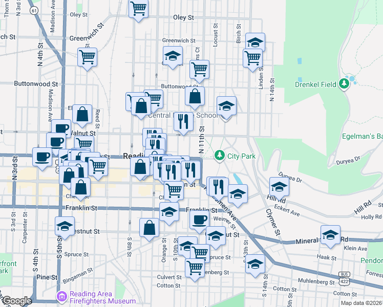 map of restaurants, bars, coffee shops, grocery stores, and more near 44 North 11th Street in Reading