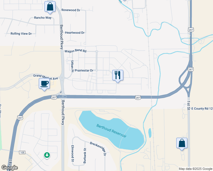 map of restaurants, bars, coffee shops, grocery stores, and more near 729 Grand Market Avenue in Berthoud
