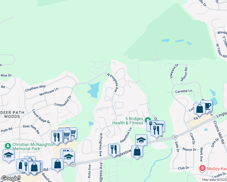 map of restaurants, bars, coffee shops, grocery stores, and more near 100 North Lakeview Drive in Harrisburg