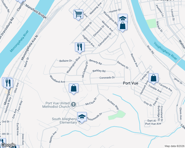 map of restaurants, bars, coffee shops, grocery stores, and more near 1204 Barkley Road in McKeesport