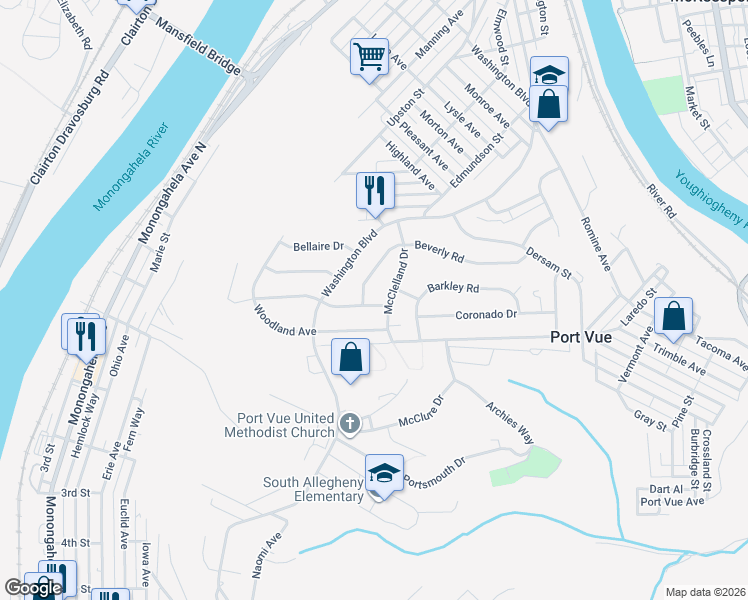map of restaurants, bars, coffee shops, grocery stores, and more near 1310 McClelland Drive in McKeesport