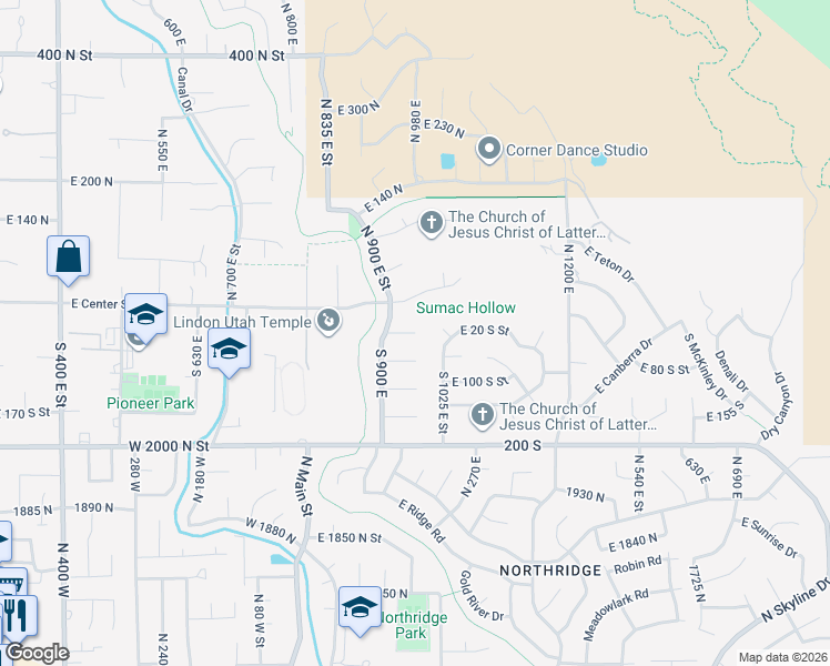 map of restaurants, bars, coffee shops, grocery stores, and more near 999 East 25 South in Lindon