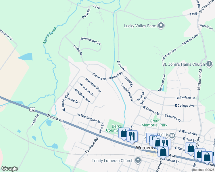 map of restaurants, bars, coffee shops, grocery stores, and more near 348 Pine Street in Wernersville