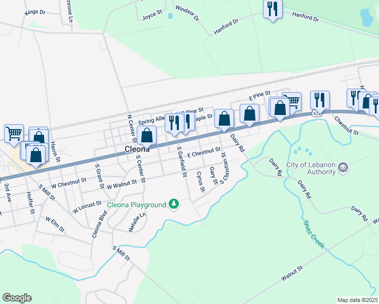 map of restaurants, bars, coffee shops, grocery stores, and more near 217 East Chestnut Street in Cleona
