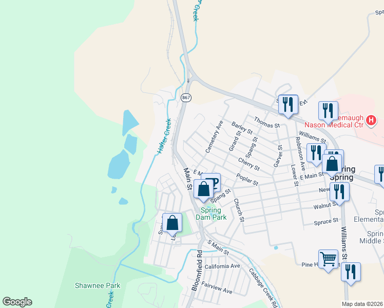 map of restaurants, bars, coffee shops, grocery stores, and more near 279 East Main Street in Roaring Spring