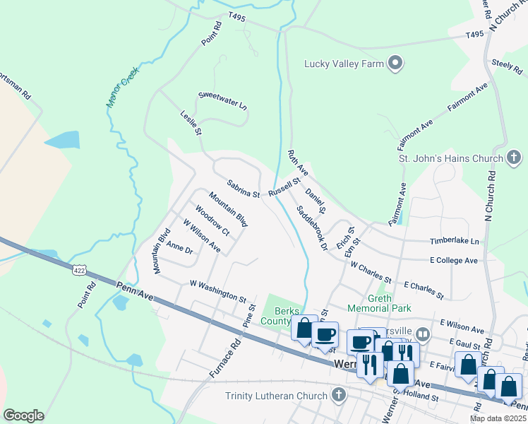 map of restaurants, bars, coffee shops, grocery stores, and more near 348 Pine Street in Wernersville