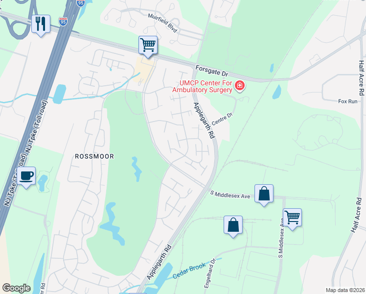 map of restaurants, bars, coffee shops, grocery stores, and more near 117B Old Nassau Road in Monroe Township