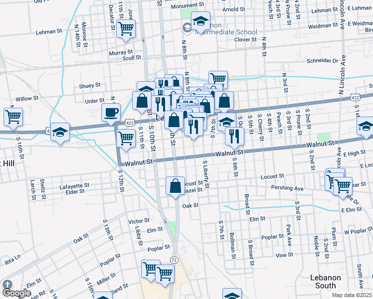 map of restaurants, bars, coffee shops, grocery stores, and more near 818 Federal Street in Lebanon