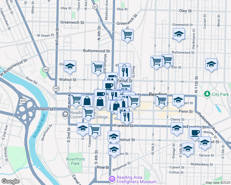 map of restaurants, bars, coffee shops, grocery stores, and more near 529 Court Street in Reading