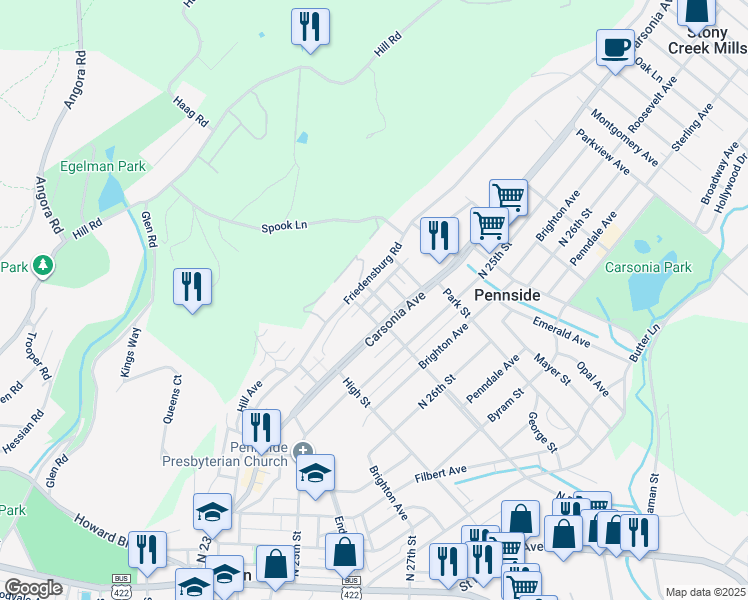 map of restaurants, bars, coffee shops, grocery stores, and more near 581 Marshall Avenue in Reading