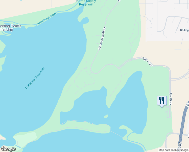 map of restaurants, bars, coffee shops, grocery stores, and more near 2774 Heron Lakes Parkway in Berthoud