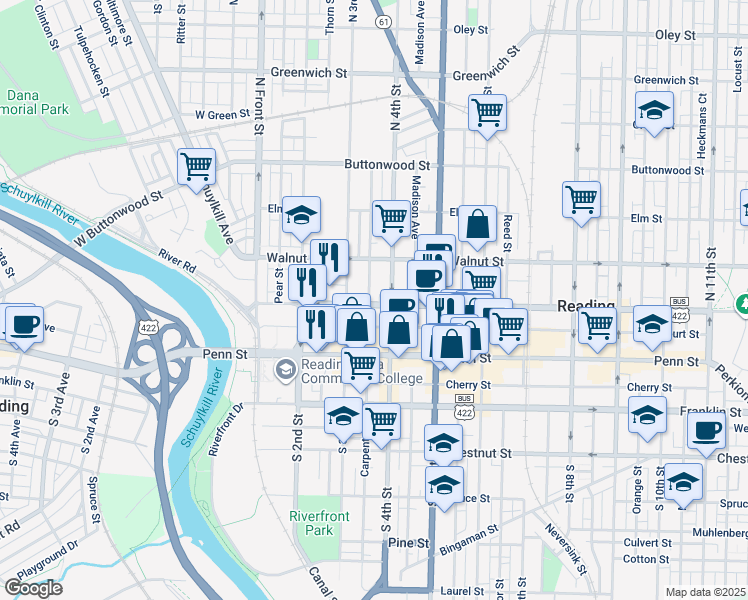 map of restaurants, bars, coffee shops, grocery stores, and more near 327 Washington Street in Reading