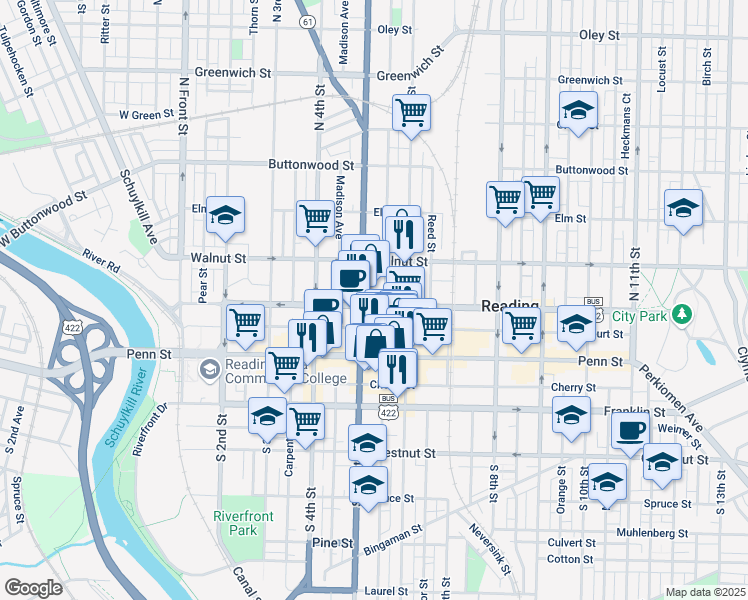 map of restaurants, bars, coffee shops, grocery stores, and more near 501 Washington Street in Reading