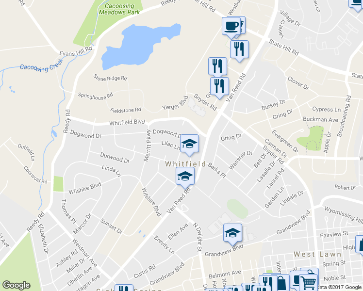 map of restaurants, bars, coffee shops, grocery stores, and more near 1107 Lilac Lane in Reading