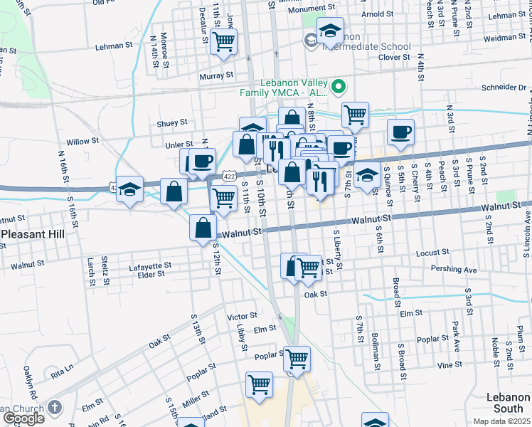 map of restaurants, bars, coffee shops, grocery stores, and more near 135 South 10th Street in Lebanon
