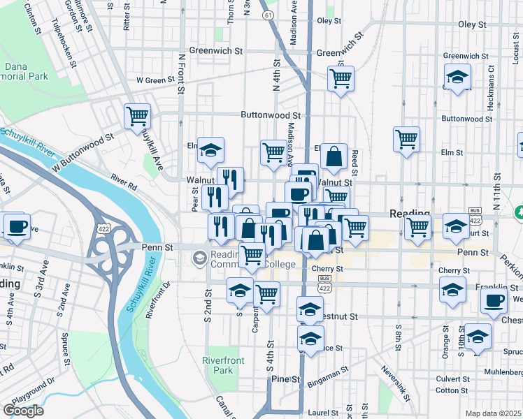 map of restaurants, bars, coffee shops, grocery stores, and more near 327 Washington Street in Reading