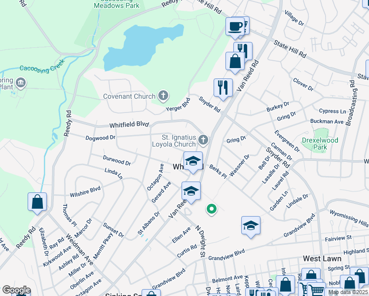 map of restaurants, bars, coffee shops, grocery stores, and more near 1107 Lilac Lane in Reading