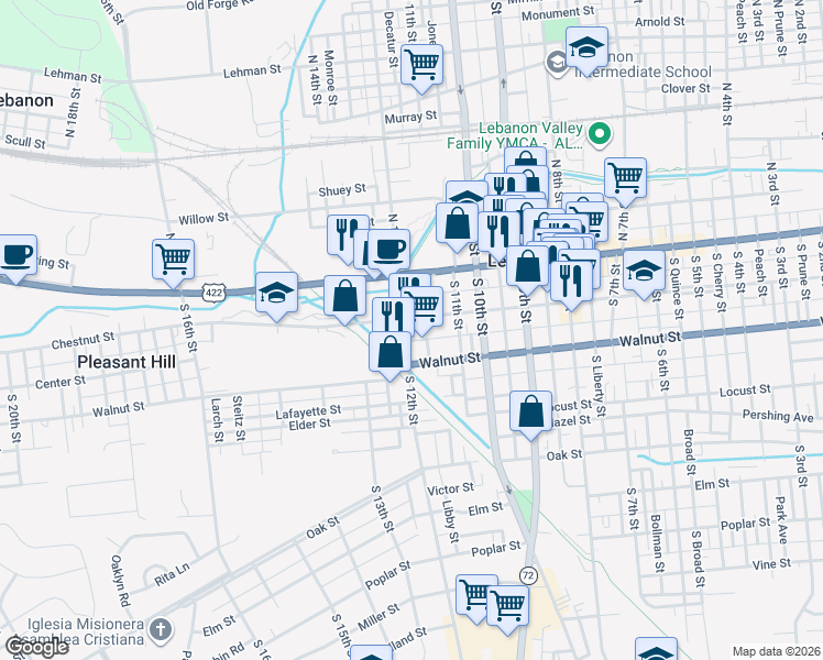 map of restaurants, bars, coffee shops, grocery stores, and more near 135 South 12th Street in Lebanon