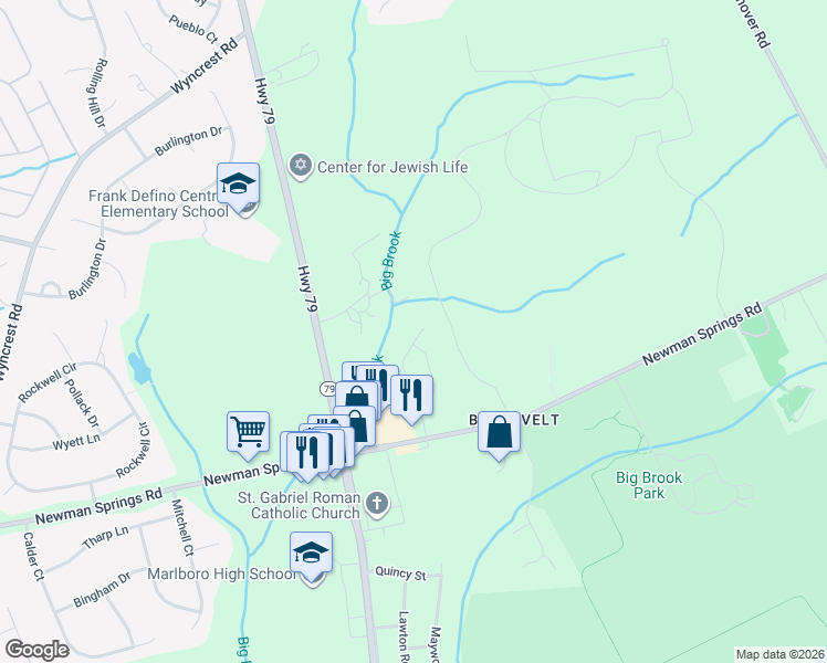 map of restaurants, bars, coffee shops, grocery stores, and more near 23 Egret Lane in Marlboro