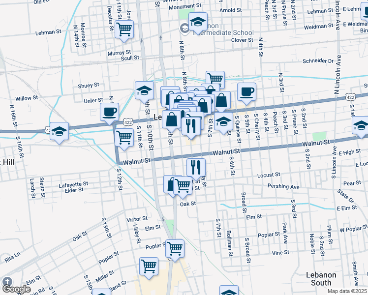 map of restaurants, bars, coffee shops, grocery stores, and more near 818 Federal Street in Lebanon