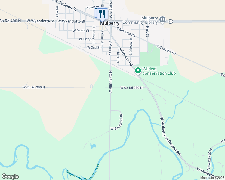 map of restaurants, bars, coffee shops, grocery stores, and more near 3473 North Co Road 850 West in Mulberry