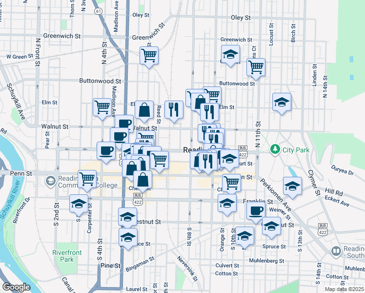 map of restaurants, bars, coffee shops, grocery stores, and more near 109 Poplar Street in Reading