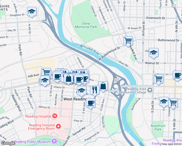 map of restaurants, bars, coffee shops, grocery stores, and more near 313 Reading Avenue in West Reading