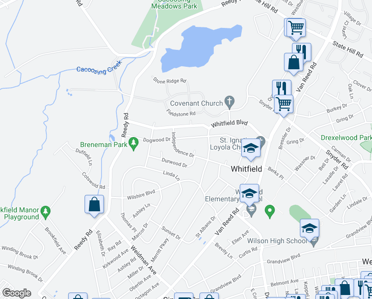 map of restaurants, bars, coffee shops, grocery stores, and more near 1401 Durwood Drive in West Lawn