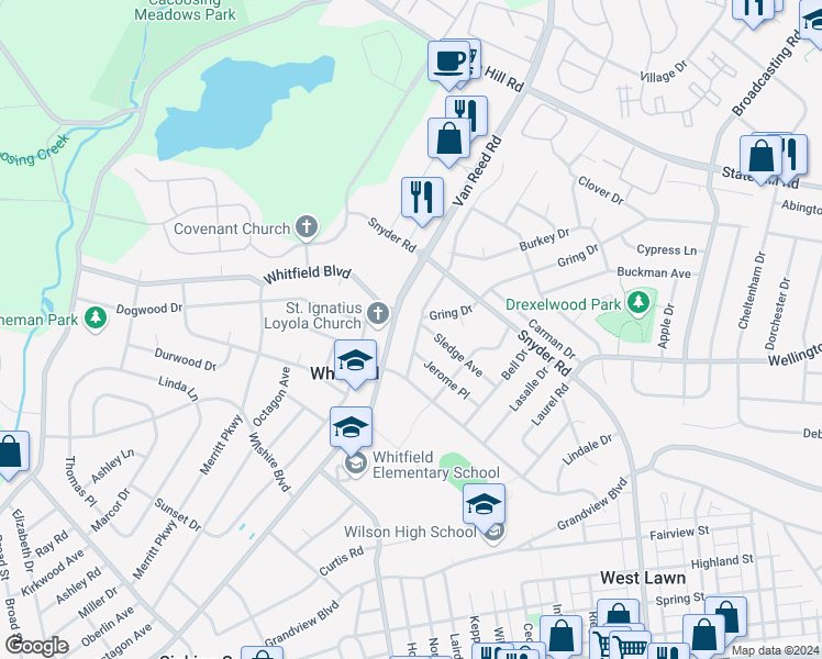 map of restaurants, bars, coffee shops, grocery stores, and more near 2411 Bressler Drive in West Lawn