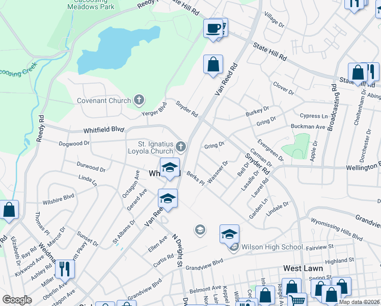 map of restaurants, bars, coffee shops, grocery stores, and more near 2411 Bressler Drive in West Lawn