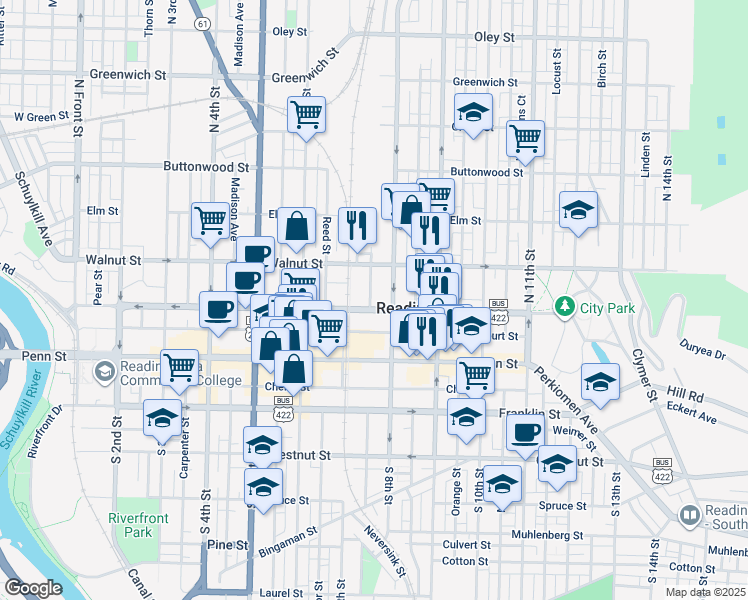 map of restaurants, bars, coffee shops, grocery stores, and more near 109 Poplar Street in Reading