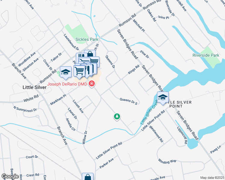 map of restaurants, bars, coffee shops, grocery stores, and more near 221 Queens Drive South in Little Silver