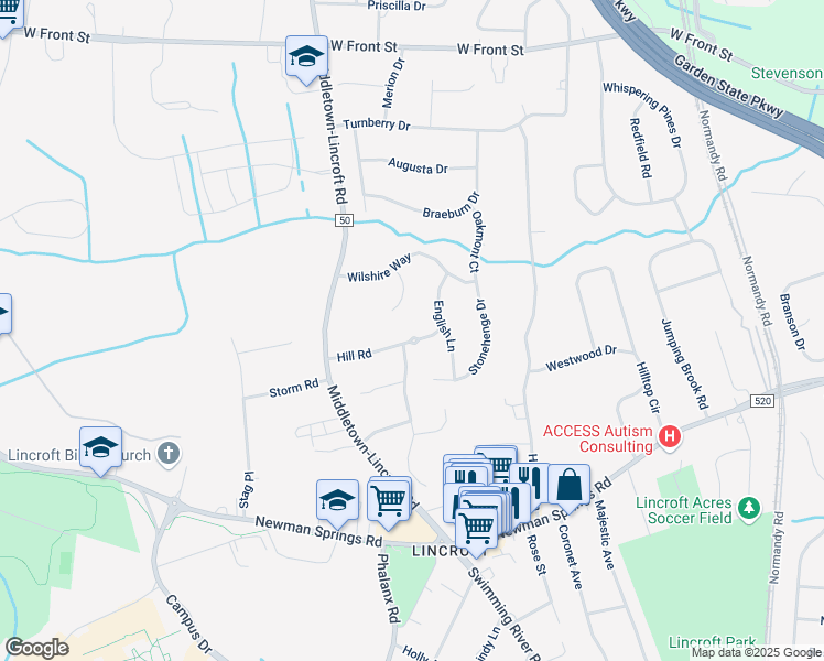 map of restaurants, bars, coffee shops, grocery stores, and more near 14 Hill Road in Lincroft