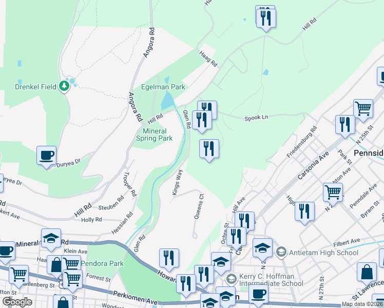 map of restaurants, bars, coffee shops, grocery stores, and more near 2101 Kings Way in Reading