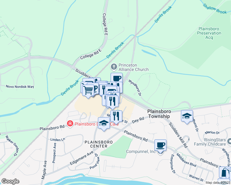 map of restaurants, bars, coffee shops, grocery stores, and more near 2 Schalks Crossing Road in Plainsboro Township