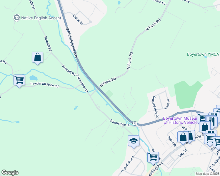 map of restaurants, bars, coffee shops, grocery stores, and more near 42 North Funk Road in Boyertown