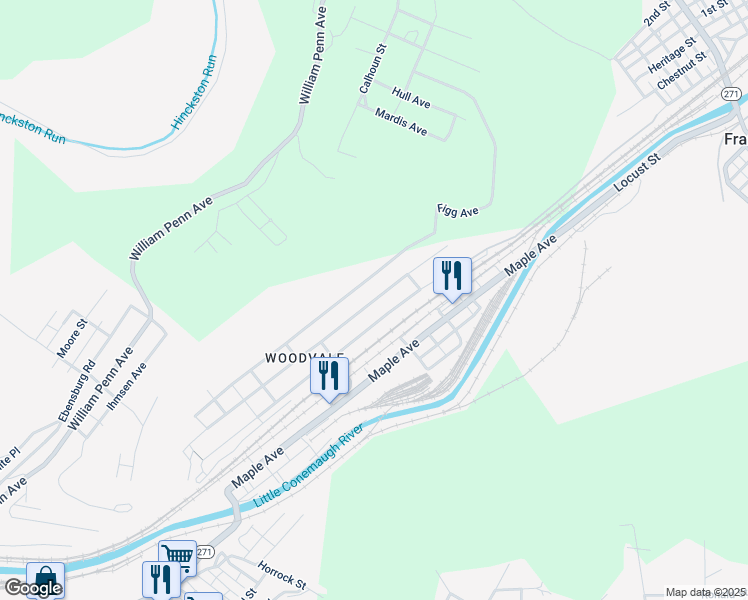 map of restaurants, bars, coffee shops, grocery stores, and more near 598 Woodvale Avenue in Johnstown