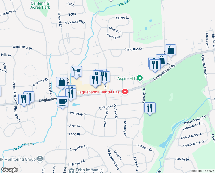 map of restaurants, bars, coffee shops, grocery stores, and more near 2309 Patton Road in Harrisburg