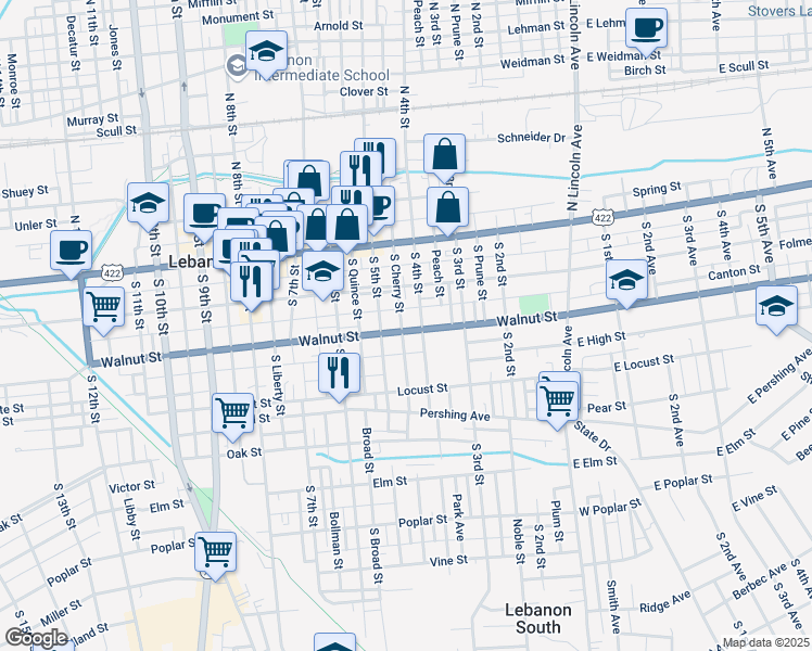 map of restaurants, bars, coffee shops, grocery stores, and more near 419 Walnut Street in Lebanon