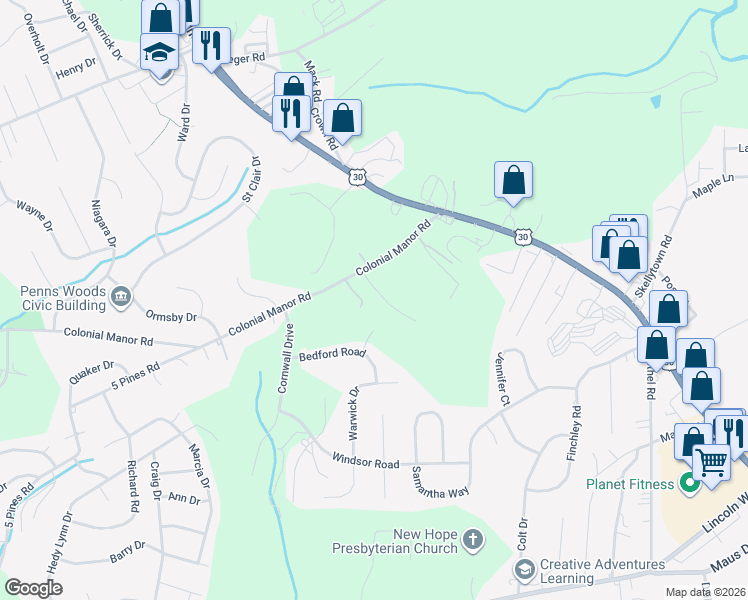 map of restaurants, bars, coffee shops, grocery stores, and more near 131 Colonial Manor Road in Irwin