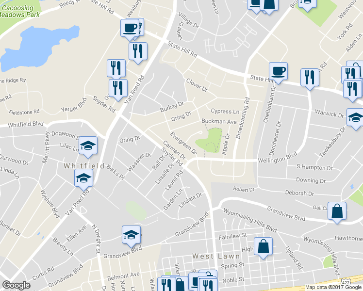 map of restaurants, bars, coffee shops, grocery stores, and more near 810 Evergreen Drive in Reading