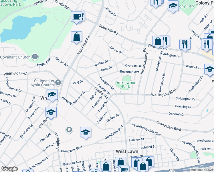 map of restaurants, bars, coffee shops, grocery stores, and more near 810 Evergreen Drive in Reading