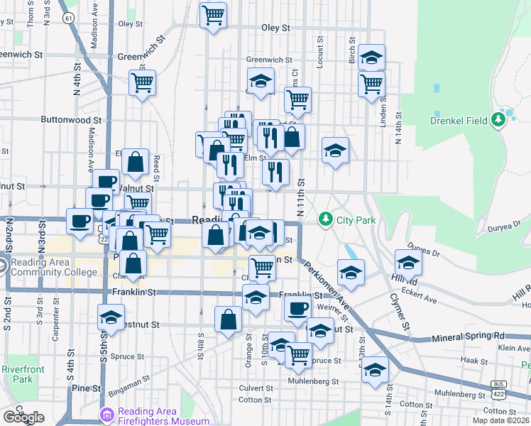 map of restaurants, bars, coffee shops, grocery stores, and more near 114 North 10th Street in Reading